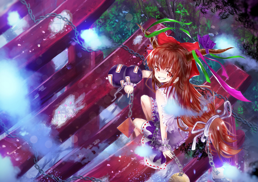 absurdres alcohol bow brown_eyes brown_hair chain daikazoku63 drunk gourd grin highres horns ibuki_suika long_hair looking_back multiple_torii oni petals plant ribbon sake sitting sitting_on_torii sketch smile solo torii touhou