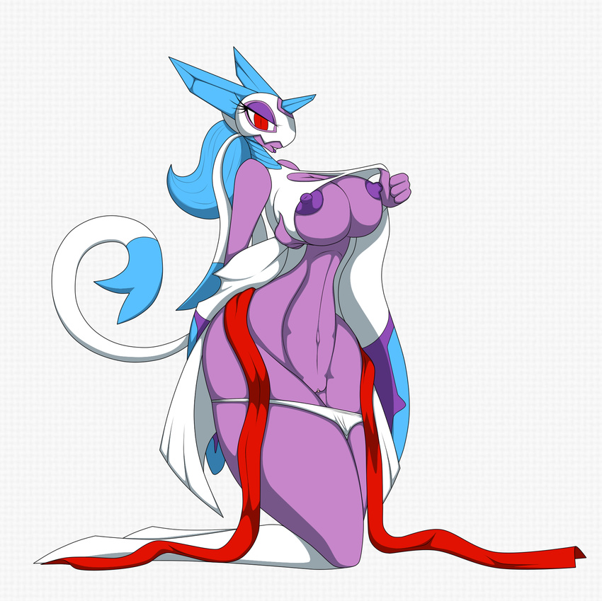 anthro big_breasts breasts clothed clothing female froslass fusion hair hybrid midriff mienshao nintendo nipples nude panties partially_clothed pok&eacute;mon pussy r-mk red_eyes seductive simple_background solo underwear video_games wide_hips