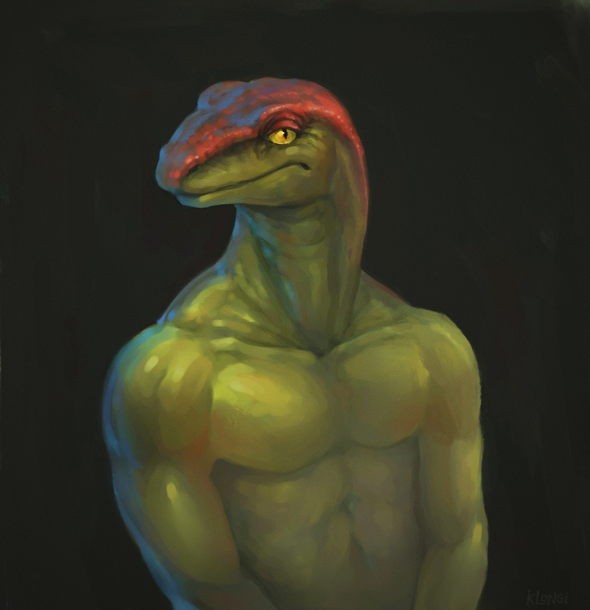 abstract_background ambiguous_gender anthro front_view gecko green_body grey_background half-closed_eyes half-length_portrait klongi lizard long_mouth looking_at_viewer muscular no_sclera nude red_body reptile scalie simple_background slit_pupils snout solo yellow_eyes