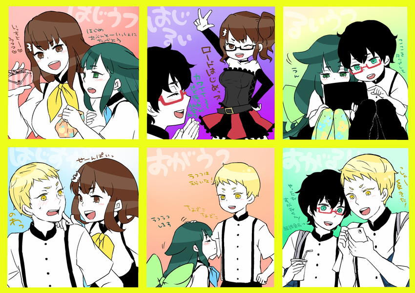 2boys 2girls black_hair blonde_hair bow breasts brown_hair drinks eyes_closed gatchaman gatchaman_crowds glasses green_hair ichinose_hajime long_hair multiple_boys multiple_girls ninomiya_rui ninomiya_rui_(cosplay) sgrgsk short_hair skirt tachibana_sugane translation_request utsutsu wink