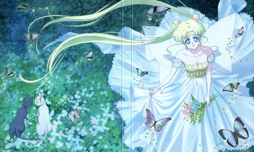 absurdres animal artemis_(sailor_moon) bead_bracelet beads bishoujo_senshi_sailor_moon bracelet bug butterfly cat closed_eyes double_bun earrings facial_mark field flower flower_field gem highres insect jewelry long_hair luna_(sailor_moon) moon official_art outdoors pearl princess_serenity sakou_yukie scan smile solo sparkle tsukino_usagi twintails