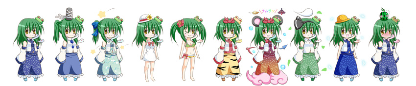 &gt;_o animal_ears animal_print bikini blush chibi cosplay detached_sleeves dress food food_on_head frog_hair_ornament fruit fruit_on_head full-face_blush full_body hair_ornament highres kochiya_sanae konpaku_youmu konpaku_youmu_(cosplay) long_image mononobe_no_futo mononobe_no_futo_(cosplay) mouse_ears object_on_head one_eye_closed osashin_(osada) pigeon-toed ponytail sleeveless smile snake_hair_ornament star sundress swimsuit tiger_print tongue tongue_out toramaru_shou toramaru_shou_(cosplay) touhou transparent_background watermelon wide_image