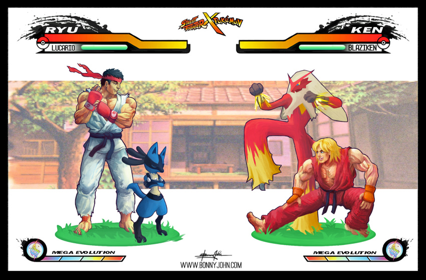 avian blaziken bonny_john canine crossed_arms crossover eyes_closed headband human ken_masters lucario male mammal muscular nintendo pok&eacute;mon ryu street_fighter stretching video_games