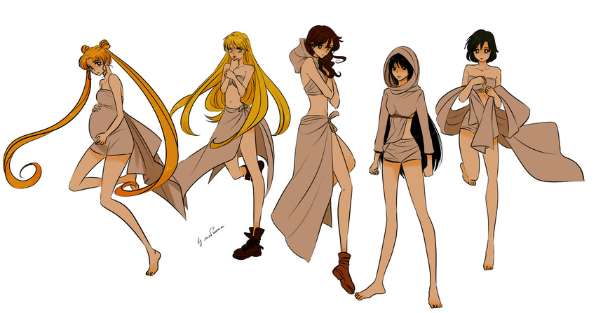 aino_minako bare_shoulders barefoot bishoujo_senshi_sailor_moon black_hair blonde_hair boots brown_hair capable_(mad_max) cheedo_the_fragile highres hino_rei hood kino_makoto lisginka long_hair mad_max mad_max:_fury_road midriff mizuno_ami multiple_girls navel parody pregnant sailor_moon short_hair signature simple_background skirt the_dag the_splendid_angharad toast_the_knowing tsukino_usagi very_long_hair white_background