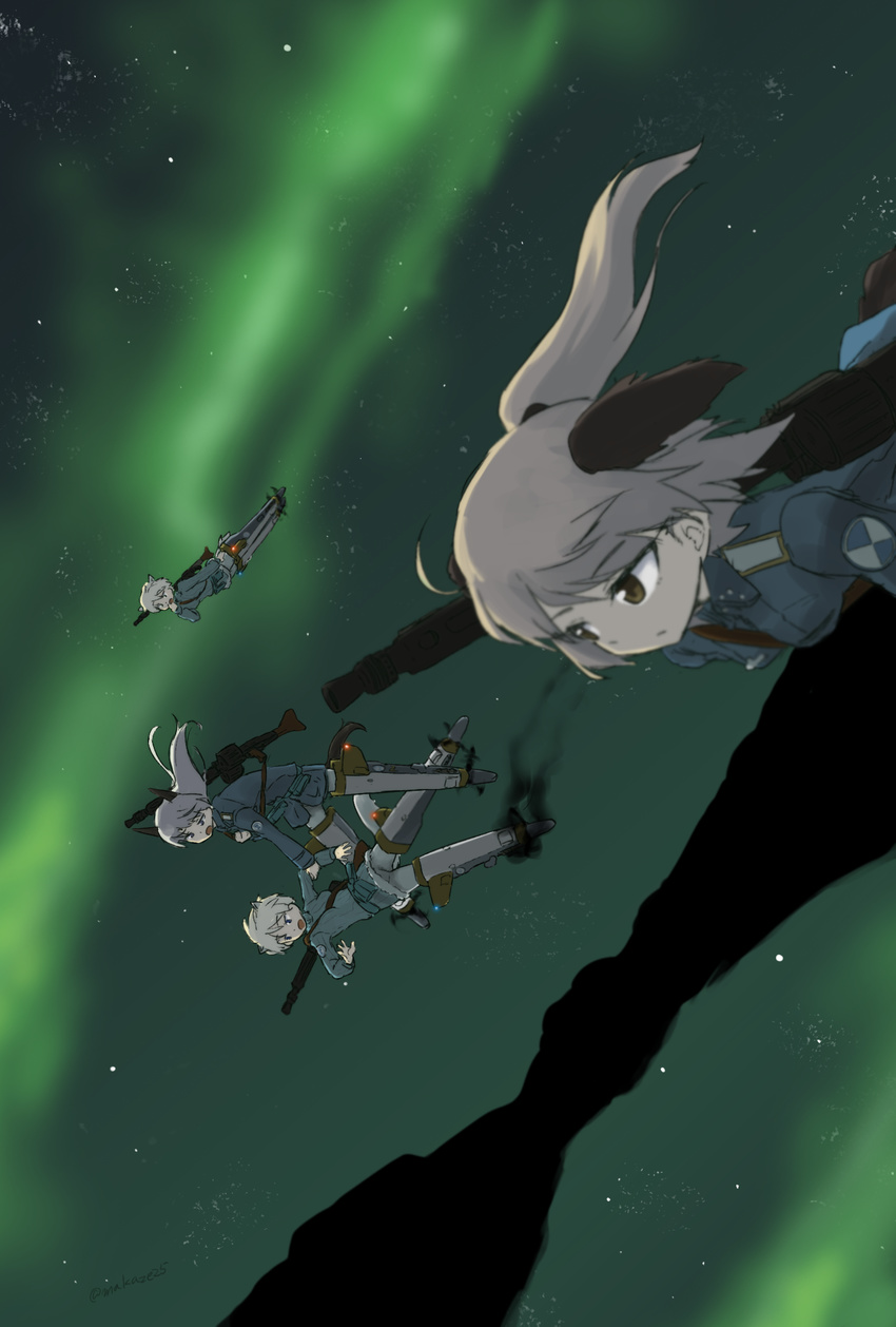 animal_ears arm_grab aurora blonde_hair blue_eyes blurry brave_witches brown_eyes commentary covering_mouth damaged dark eila_ilmatar_juutilainen falling floating_hair flying gun hand_over_own_mouth hanna_wind highres laura_nissinen long_hair machine_gun makaze_(t-junction) mg42 military military_uniform multiple_girls night night_sky nikka_edvardine_katajainen open_mouth pantyhose ponytail pouch short_hair silver_hair sky sling smoke star_(sky) strike_witches striker_unit tail twitter_username uniform weapon world_witches_series