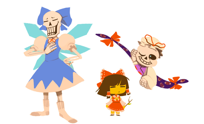 2boys 3boys androgynous cirno cirno_(cosplay) cosplay crossdressing crossover dress eyes_closed frisk_(undertale) hair_tubes hakurei_reimu hakurei_reimu_(cosplay) hat multiple_boys nontraditional_miko one_eye_closed papryus papyrus_(undertale) sans skeleton smile socks stick temmie_chang touhou trait_connection tuyo undertale wink yakumo_yukari yakumo_yukari_(cosplay) yellow_skin