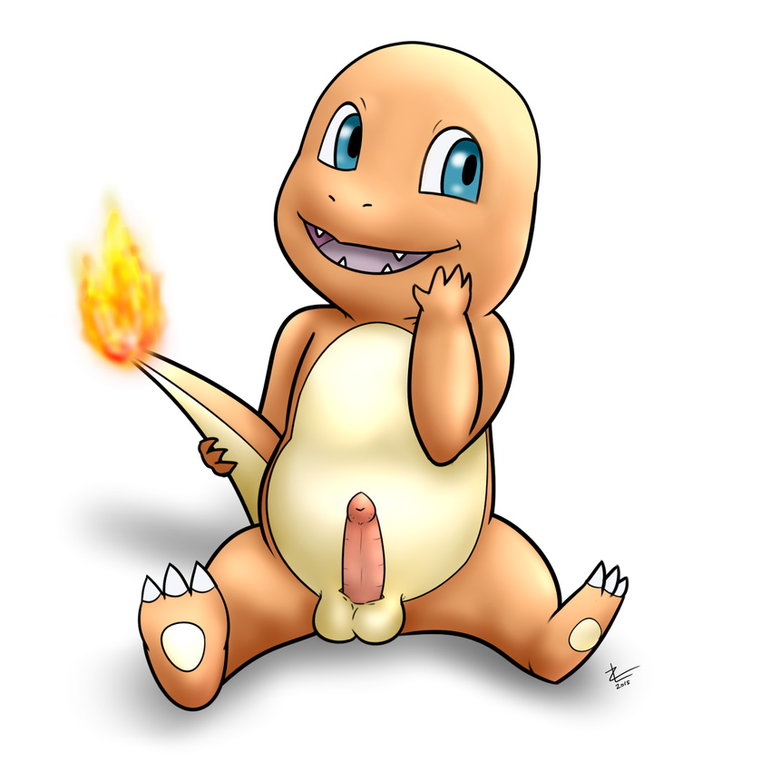 2015 animal_genitalia balls charmander cute erection feral male nintendo open_mouth penis pok&eacute;mon scalie simple_background video_games zekromlover