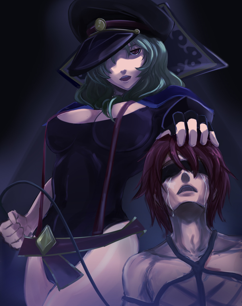 1boy 1girl artist_request bdsm blindfold breasts cleavage femdom green_hair hand_on_head hat long_hair looking_at_viewer maron-san open_mouth red_hair short_hair star_driver tears tsunashi_takuto watanabe_kanako whip