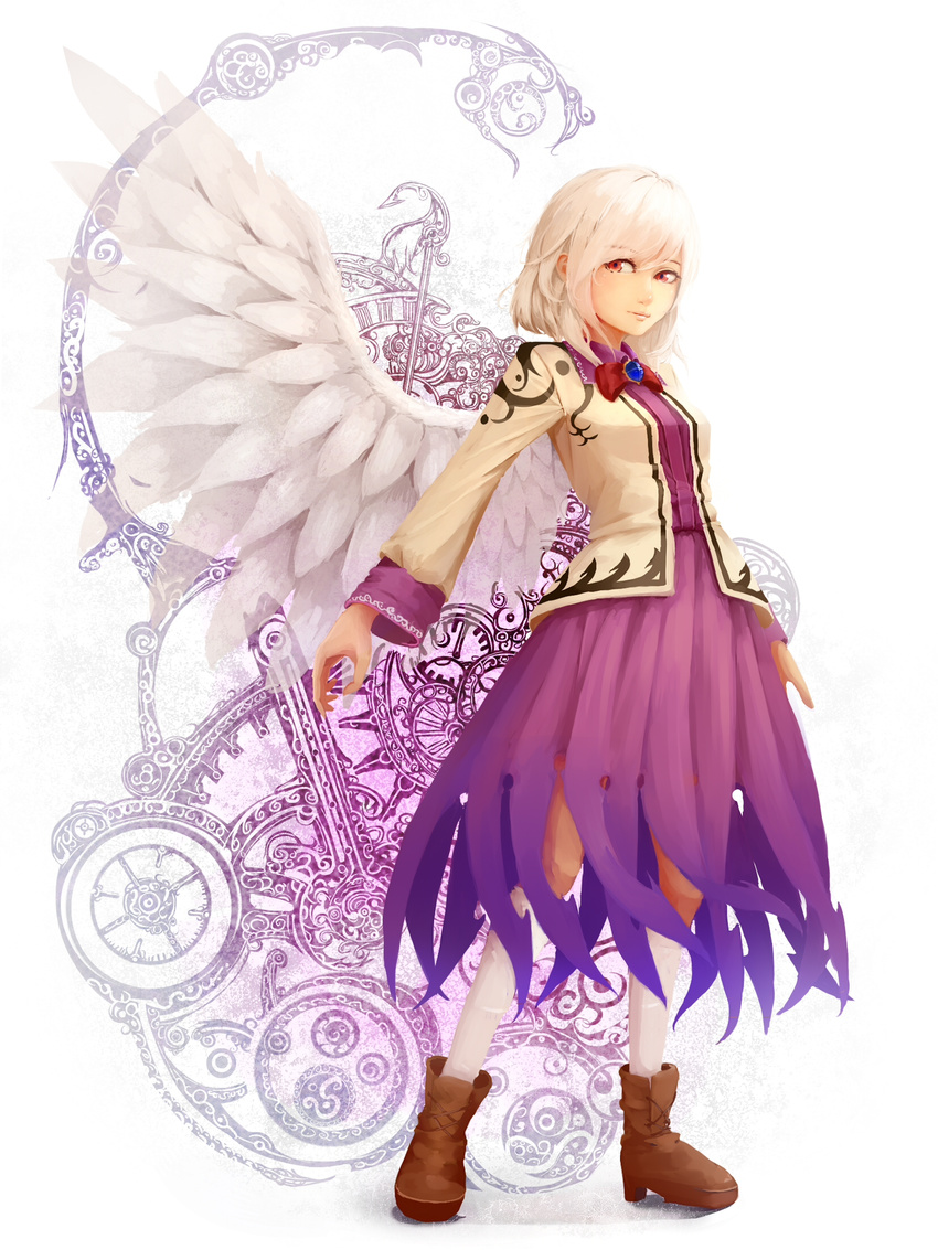 boots bow breasts brooch brown_jacket dress ears full_body highres jacket jewelry kishin_sagume kneehighs lips looking_to_the_side purple_dress short_hair single_wing small_breasts solo touhou white_background white_legwear white_wings wings yuren