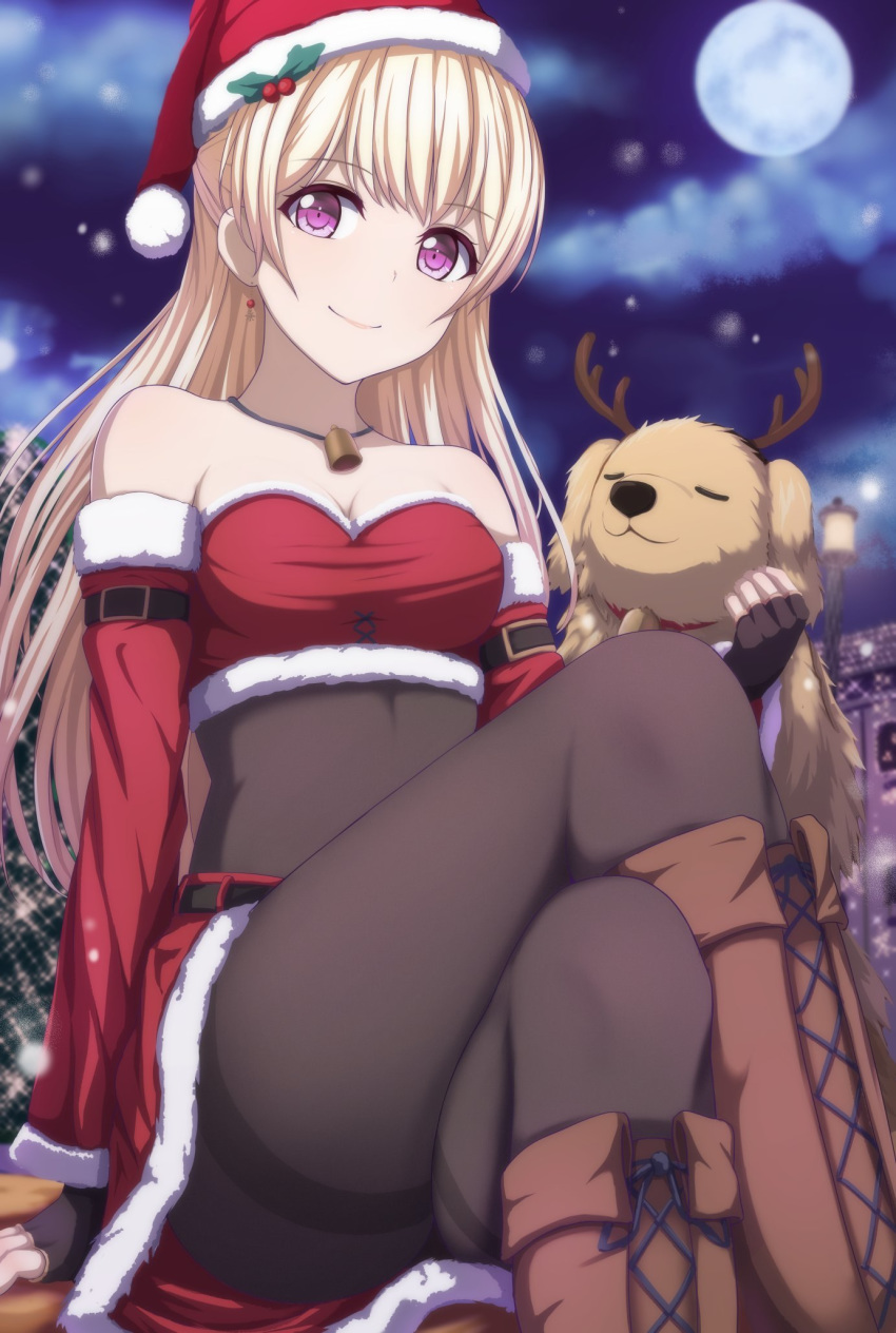 :3 animal antlers bandeau bang_dream! bangs bare_shoulders bell bell_collar black_bodysuit black_gloves black_legwear blonde_hair bodysuit bodysuit_under_clothes boots breasts brown_footwear christmas cleavage closed_mouth collar crop_top cross-laced_footwear detached_sleeves dog earrings eyes_closed female fingerless_gloves full_moon fur-trimmed_skirt fur-trimmed_sleeves fur_trim gloves hat highres holly jewelry legs_crossed leon_(bang_dream!) long_hair looking_at_viewer moon narafume neck_bell necklace night outdoors pantyhose purple_eyes red_bandana red_skirt reindeer_antlers santa_costume santa_hat shirasagi_chisato sitting skirt small_breasts smile snowing solo strapless thighband_pantyhose