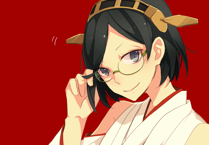 adjusting_eyewear black_hair blue_eyes glasses hairband japanese_clothes kantai_collection kirishima_(kantai_collection) nontraditional_miko short_hair smile solo yugake_(mrnmrm)