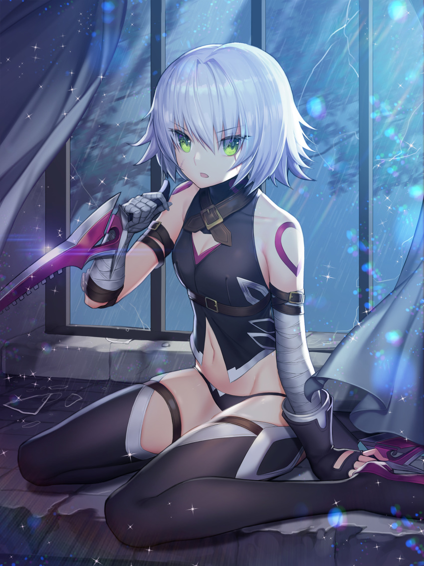 1girl bandage bandaged_arm bandages bangs bare_shoulders black_footwear black_gloves black_legwear black_panties black_shirt blush boots breasts cloud cloudy_sky commentary_request curtains dagger eyebrows_visible_through_hair fate/apocrypha fate/grand_order fate_(series) fingerless_gloves gloves green_eyes hair_between_eyes hayanpool highres holding holding_dagger holding_weapon indoors jack_the_ripper_(fate/apocrypha) looking_at_viewer navel panties parted_lips rain revision scar scar_across_eye shirt shoulder_tattoo silver_hair single_glove sitting sky sleeveless sleeveless_shirt small_breasts solo tattoo thigh_boots thighhighs underwear wariza weapon window