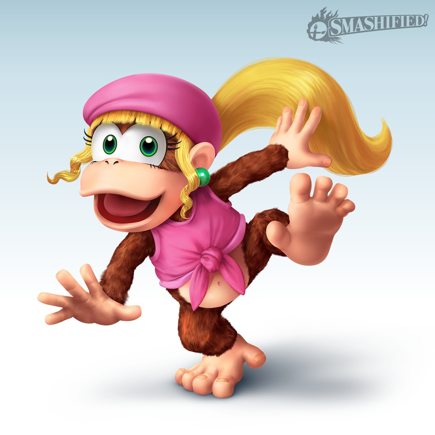 1girl 5_toes artsyomni barefoot blonde_hair brown_fur clothes clothing dixie_kong donkey_kong_(series) ear_piercing feet female fur green_eyes hair happy hat jewelry long_hair looking_at_viewer mammal monkey navel nintendo open_mouth piercing ponytail primate simple_background soles solo super_smash_bros super_smash_bros. toenails toes tongue video_games