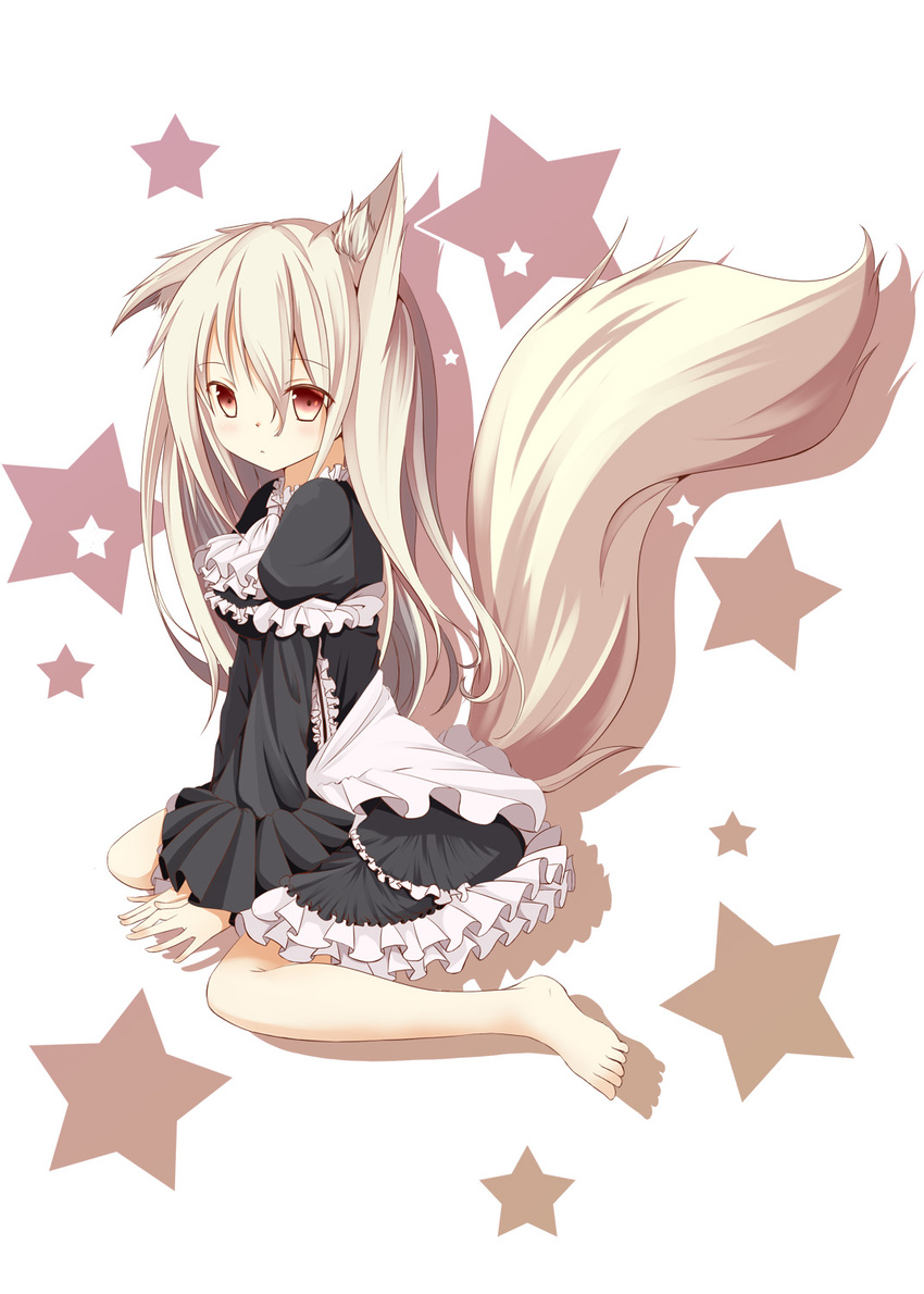 animal_ears barefoot dress expressionless fox_ears fox_tail frilled_dress frilled_sleeves frills highres long_hair original sitting solo tail wariza white_hair yukishiro_arute