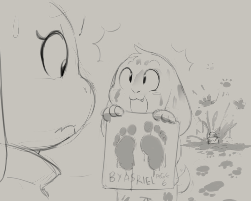 ! asriel_dreemurr caprine child duo english_text eyelashes female footprint goat greyscale male mammal messy monochrome monster mother mother_and_son open_mouth paper parent son text toriel undertale young zonkpunch
