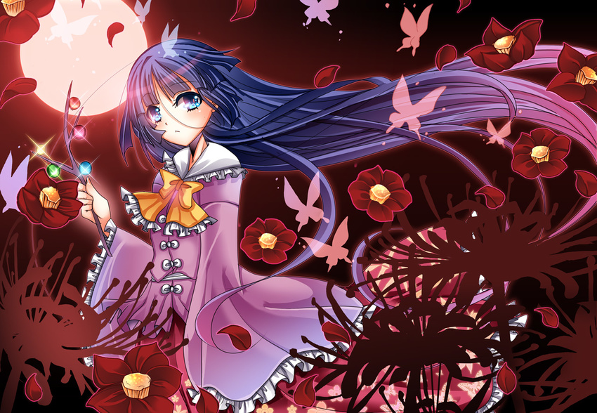 black_hair blue_eyes branch bug butterfly camellia flower full_moon houraisan_kaguya insect japanese_clothes jeweled_branch_of_hourai kimono long_hair moon petals sakayaki_(burning_soul) sash solo spider_lily touhou very_long_hair wide_sleeves