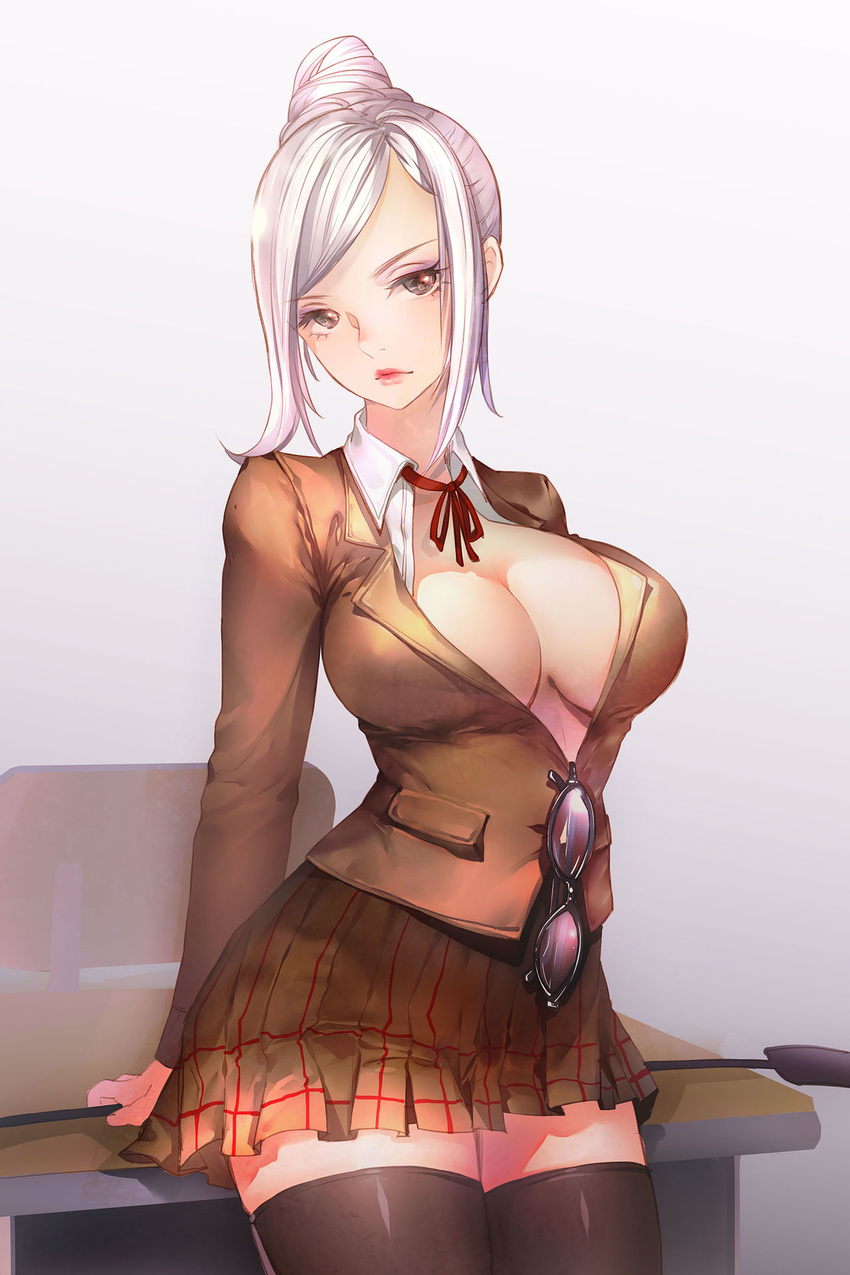 bangs breasts female glasses glasses_removed hair_bun head_tilt large_breasts looking_at_viewer miniskirt orry payot prison_school riding_crop shiraki_meiko sidelocks simple_background skirt solo thighhighs white_hair zettai_ryouiki