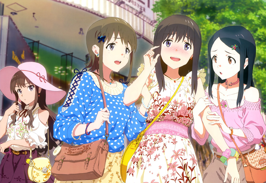 :d absurdres arm_holding bag belt black_eyes black_hair blush bracelet brown_hair casual choker dress earrings floral_print girl_sandwich hair_ornament hair_twirling hairclip handbag hat hayashida_airi highres holding holding_eyewear iwasaki_shiho jewelry mole mole_under_eye multiple_girls necklace non-web_source nyantype official_art open_mouth playing_with_own_hair polka_dot polka_dot_shirt pout print_dress print_skirt purple_eyes sandwiched scrunchie shimada_mayu shirt skirt smile sun_hat sunglasses wake_up_girls! watch wrist_scrunchie wristwatch yoshikawa_megumi