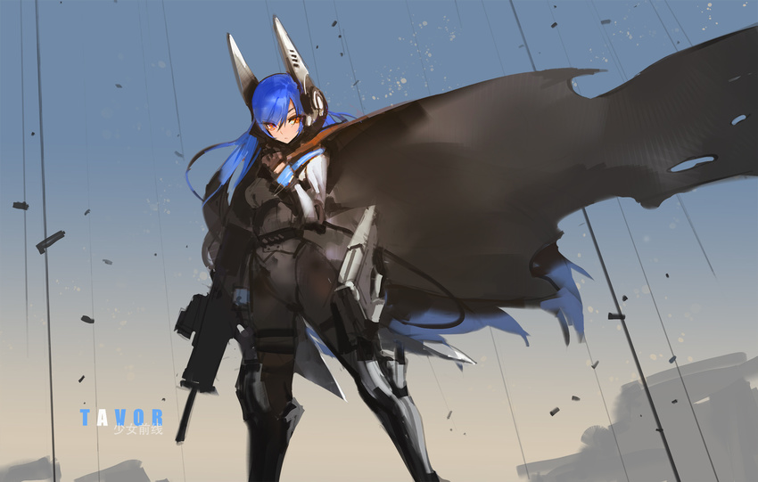 assault_rifle blue_hair bodysuit cape girls_frontline gun headgear highres kishiyo long_hair looking_at_viewer revision rifle solo tar-21_(girls_frontline) very_long_hair weapon wind yellow_eyes