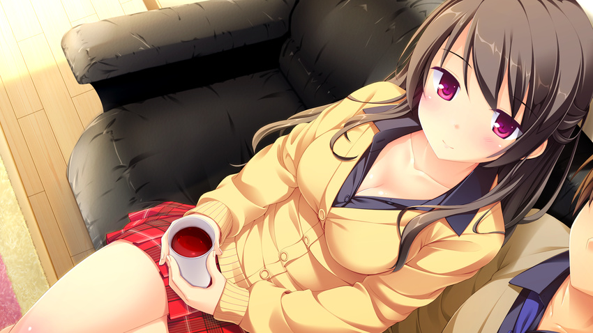 1girl blush breasts brown_hair cleavage collarbone couch cup faceless faceless_male from_above game_cg highres holding ichijou_aki long_hair looking_at_viewer looking_up medium_breasts melty_moment plaid plaid_skirt pleated_skirt purple_eyes school_uniform sitting skirt smile solo_focus takayaki