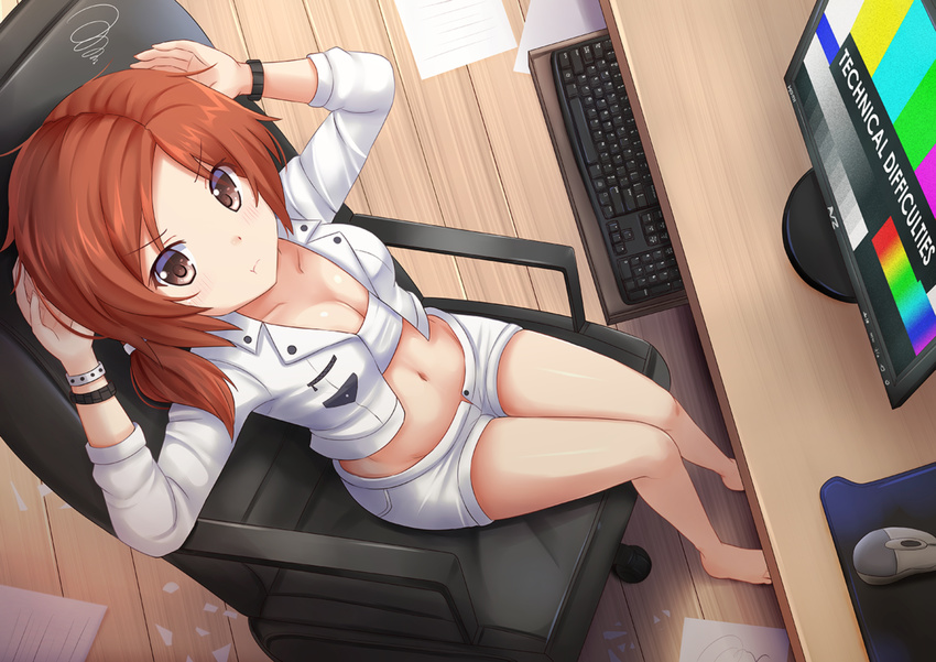 :t bare_legs barefoot blush bracelet breasts brown_eyes brown_hair chair cleavage from_above frustrated groin jewelry karen_(kazenokaze) kazenokaze keyboard_(computer) legs looking_up medium_breasts midriff monitor mouse_(computer) mousepad_(object) navel office_chair open_clothes open_fly open_shirt original paper perspective sarashi shiny shiny_skin shirt short_hair sitting solo unzipped