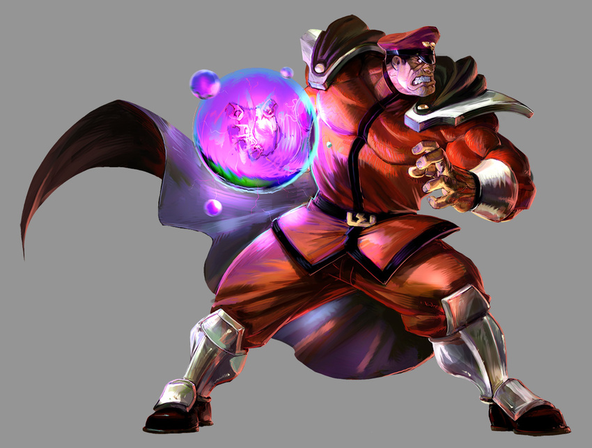 angry armor belt boots cape clenched_teeth energy_ball fighting_stance full_body glowing greaves grey_background hands hat jacket joe_vriens looking_away male_focus marvel_vs._capcom marvel_vs._capcom_2 military military_uniform muscle no_pupils pants pauldrons peaked_cap simple_background skin_tight solo spread_legs standing street_fighter teeth udon_entertainment uniform vega white_eyes