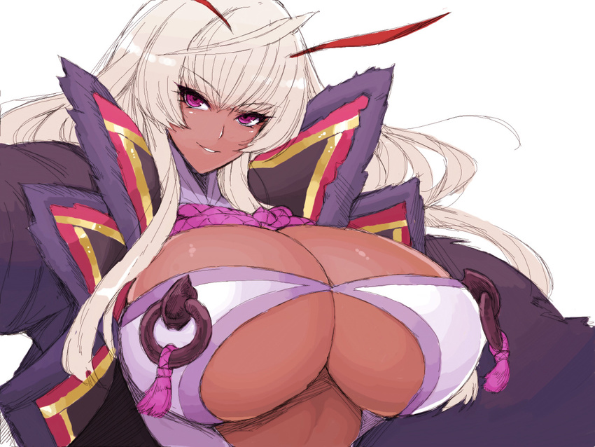 1girl angelo_(gomahangetsu) blonde_hair breasts cleavage dark_skin huge_breasts itou_ittousai_(sengoku_bushouki_muramasa) long_hair sengoku_bushouki_muramasa smile underboob