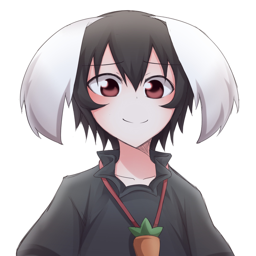 alternate_color animal_ears black_hair blush bunny_ears carrot_necklace dress highres inaba_tewi kuroba_rapid looking_at_viewer md5_mismatch red_eyes short_hair smile solo touhou