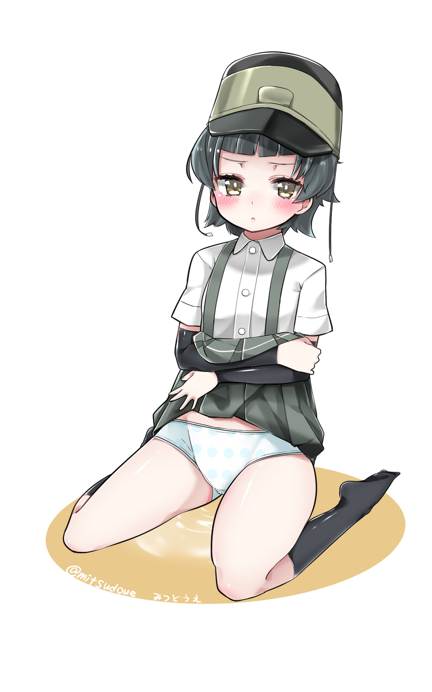 arare_(kantai_collection) arm_warmers black_hair brown_eyes dress_shirt hat highres kantai_collection mitsudoue panties pleated_skirt polka_dot polka_dot_panties school_uniform shirt short_hair sitting skirt skirt_lift solo suspenders tears underwear white_panties