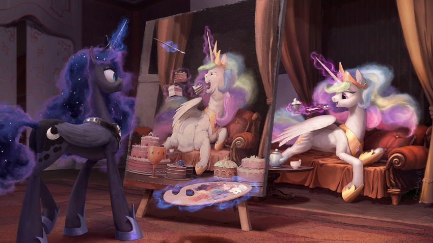 16:9 2015 blue_eyes cake cannibalus cushion cutie_mark dessert duo equine feathered_wings feathers female feral food friendship_is_magic glowing hair hi_res horn ice_cream inside levitation long_hair lying magic mammal multicolored_hair my_little_pony obese open_mouth overweight paintbrush painting princess_celestia_(mlp) princess_luna_(mlp) sibling sisters smile sofa sparkles spoon teacup teapot tongue wallpaper winged_unicorn wings
