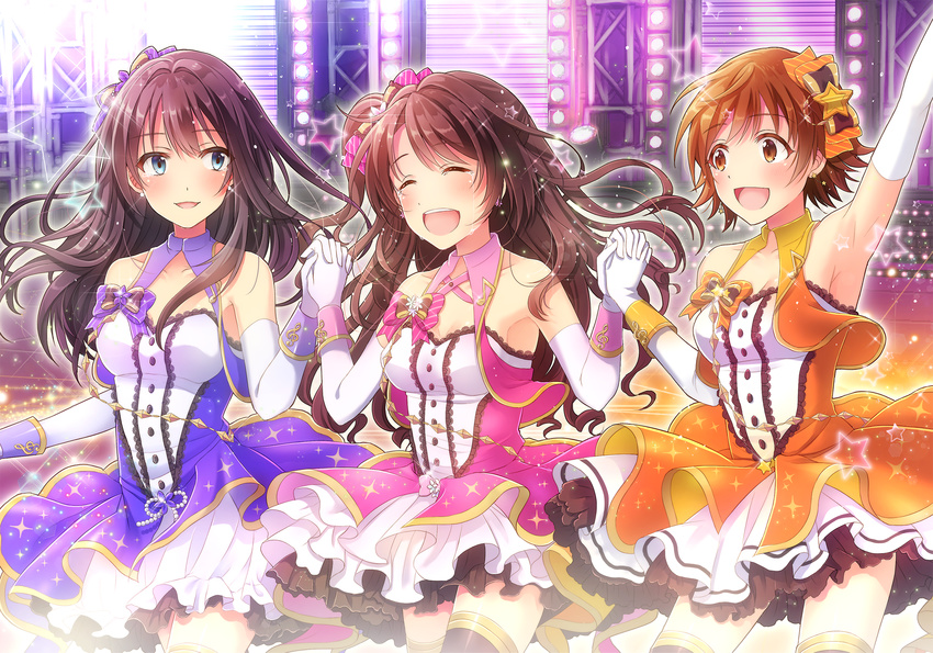 bow brown_eyes brown_hair closed_eyes dress earrings elbow_gloves flower gloves green_eyes hair_bow hair_flower hair_ornament highres holding_hands honda_mio idolmaster idolmaster_cinderella_girls idolmaster_cinderella_girls_starlight_stage jewelry lace lace-trimmed_dress long_hair multiple_girls new_generations open_mouth serino_itsuki shibuya_rin shimamura_uzuki short_hair stage_of_magic star star_earrings tears thighhighs