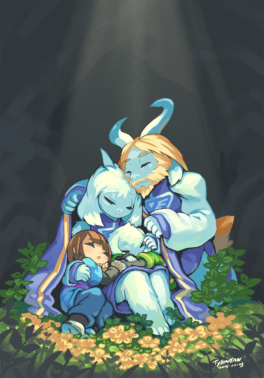 2015 ambiguous_gender asgore_dreemurr asriel_dreemurr barefoot beard blanket blonde_hair brown_hair caprine child cute english_text eyes_closed facial_hair family father female flower fur goat group hair horn human male mammal monster mother open_mouth parent plant protagonist_(undertale) signature sleeping son text toriel tysontan undertale white_fur young