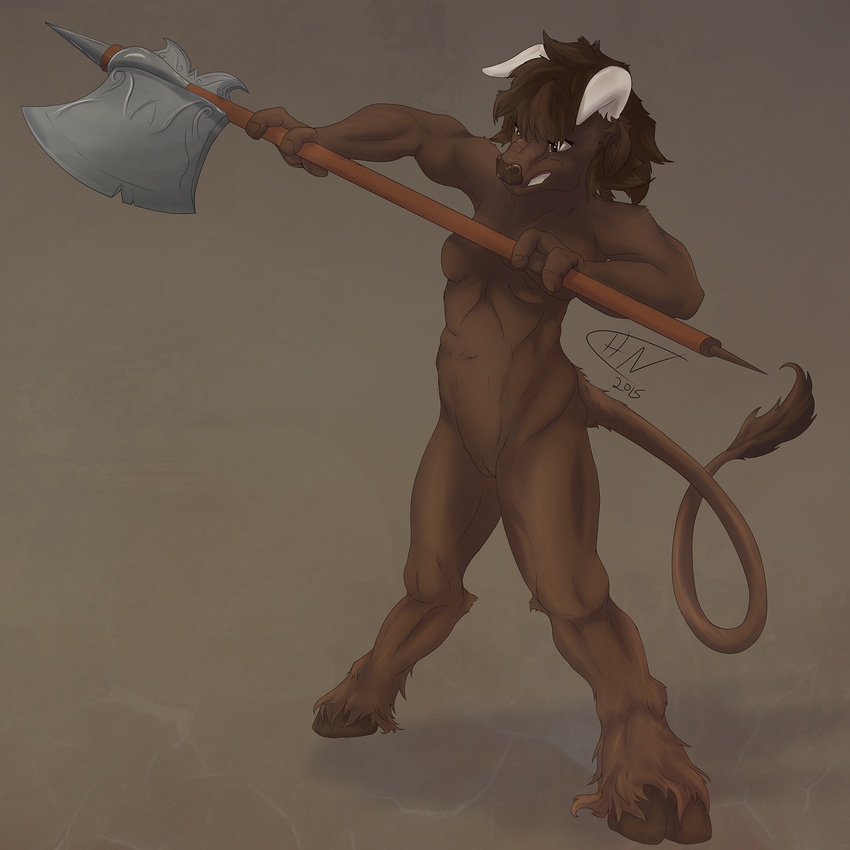 2015 3_fingers angry anthro axe bovine breasts brown_eyes brown_fur brown_hair brown_nose clenched_teeth colorfulhoovednights female fur hair hooves horn mammal melee_weapon minotaur muscular muscular_female navel nude pussy simple_background solo standing teeth weapon