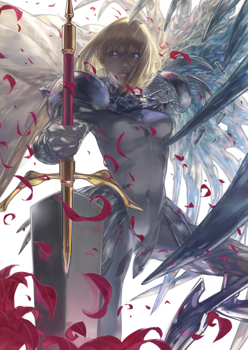 armor blonde_hair bodysuit cape clare_(claymore) claymore claymore_(sword) cowboy_shot ene faulds highres looking_at_viewer md5_mismatch open_mouth pauldrons petals short_hair silver_eyes simple_background solo sword transformation weapon