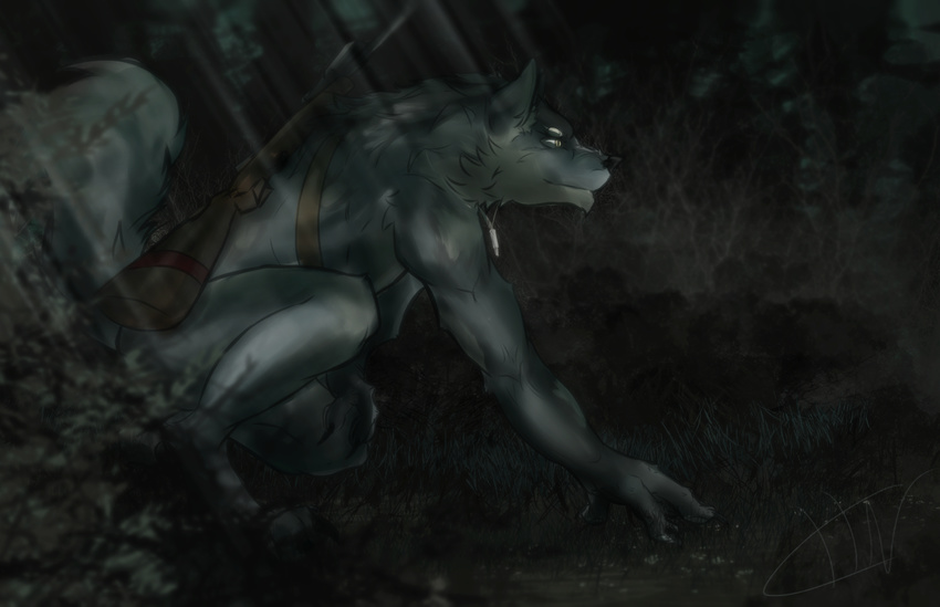 anthro black_nose canine claws colorfulhoovednights digitigrade forest fur grass grey_fur gun kneeling male mammal night nude outside ranged_weapon side_view solo tree weapon wolf yellow_eyes