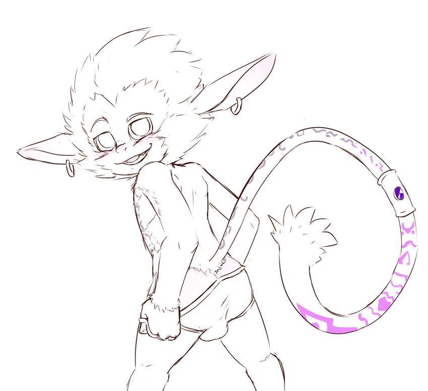 alvaro anthro briefs bulge clothing digital_drawing_(artwork) digital_media_(artwork) furfit league_of_legends line_art long_tail looking_at_viewer looking_back male mammal raised_tail rear_view smile solo spot_color tail_ring teasing underwear underwear_pull video_games yordle