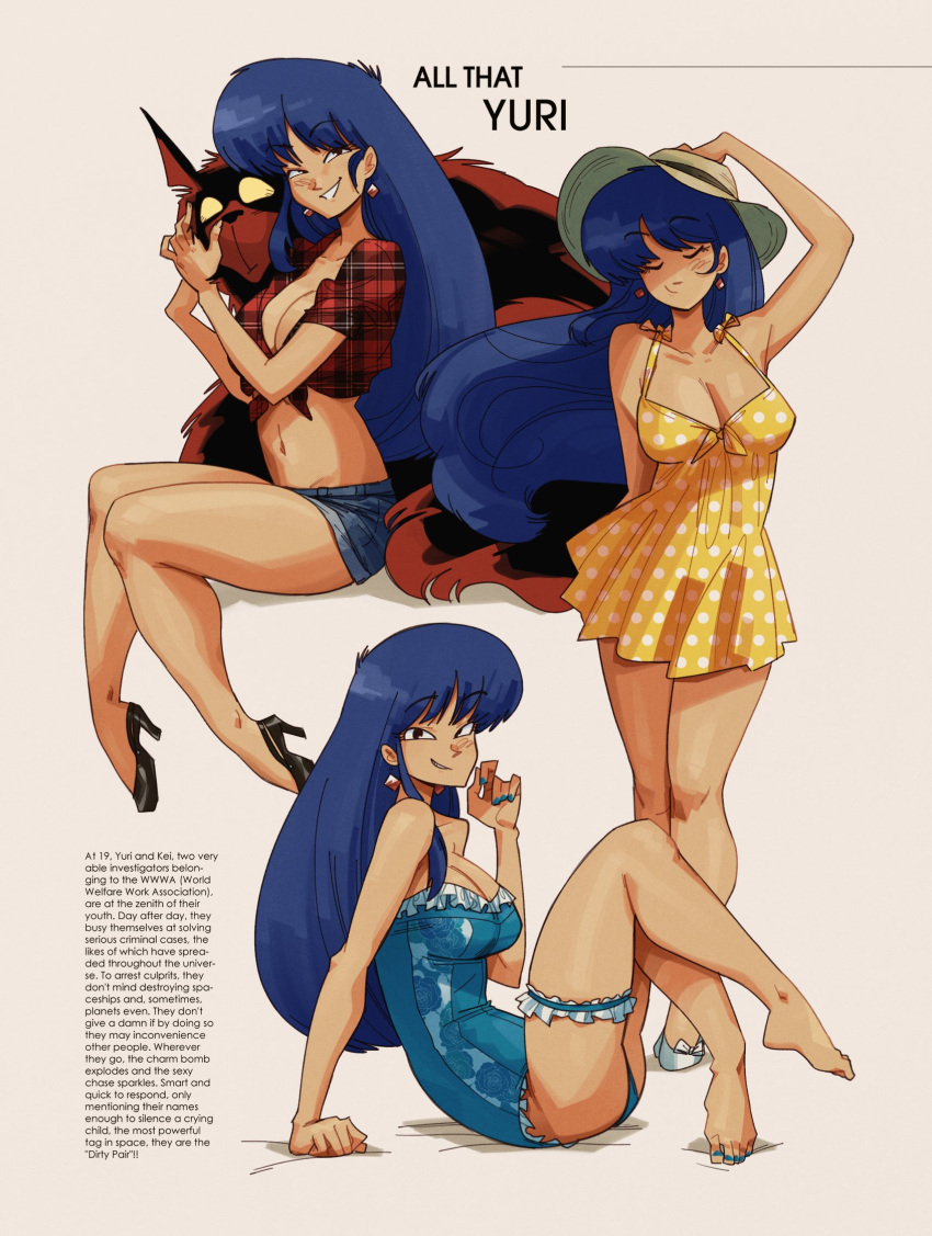 1girl alternate_costume bangs barefoot black_footwear blue_hair breasts brown_background brown_eyes cartoonized character_name cleavage collarbone denim denim_shorts dirty_pair dress english_commentary english_text floating_hair gutalalaman hat high_heels highres long_hair looking_at_viewer medium_breasts midriff mughi multiple_views navel parted_lips pinup_(style) plaid plaid_shirt polka_dot polka_dot_dress shirt short_shorts shorts sitting smile sun_hat tied_shirt toon_(style) twin_peaks_(restaurant) unmoving_pattern very_long_hair yellow_dress yuri_(dirty_pair)