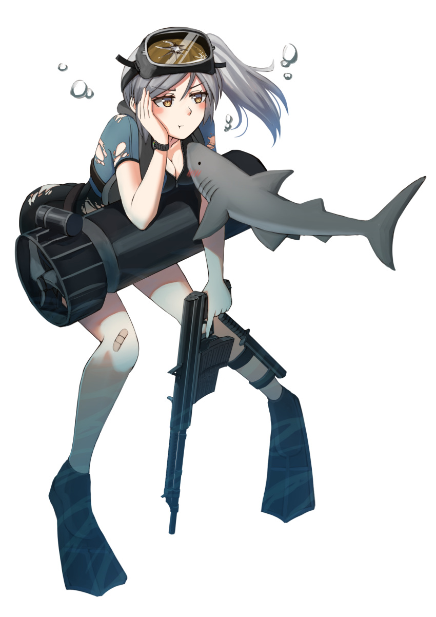 1girl :t aps_rifle arm_support assault_rifle bandaid bandaid_on_knee blush blush_stickers breasts broken broken_goggles brown_eyes bubble cleavage commentary eye_contact flippers girls_frontline goggles goggles_on_head grey_hair gun hand_on_own_cheek highres knife leaning_forward long_hair looking_at_another ndtwofives original rifle shark side_ponytail simple_background solo torn_clothes trigger_discipline underwater watch weapon wetsuit white_background wristwatch