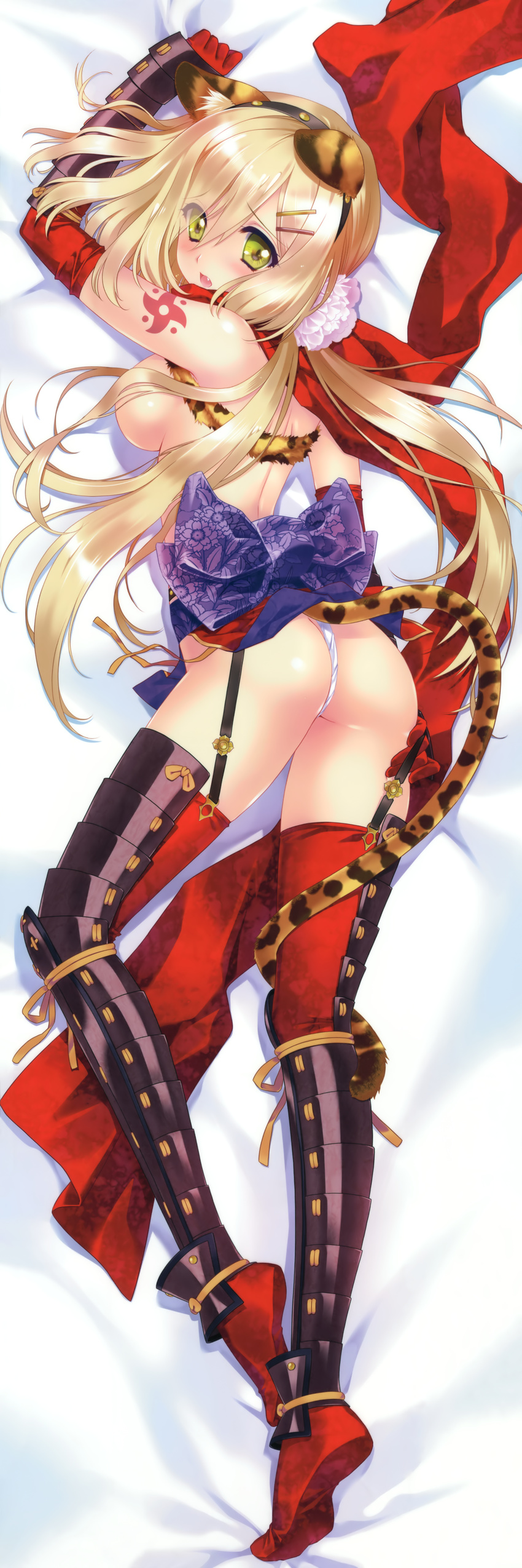 absurdres animal_ears armor ass blonde_hair blush breasts carnelian dakimakura elbow_gloves full_body fundoshi gloves green_eyes hair_ornament hairclip highres huge_filesize japanese_armor japanese_clothes kote leopard_ears leopard_tail long_hair medium_breasts ninja red_gloves scarf solo suneate tail tattoo thighhighs z/x