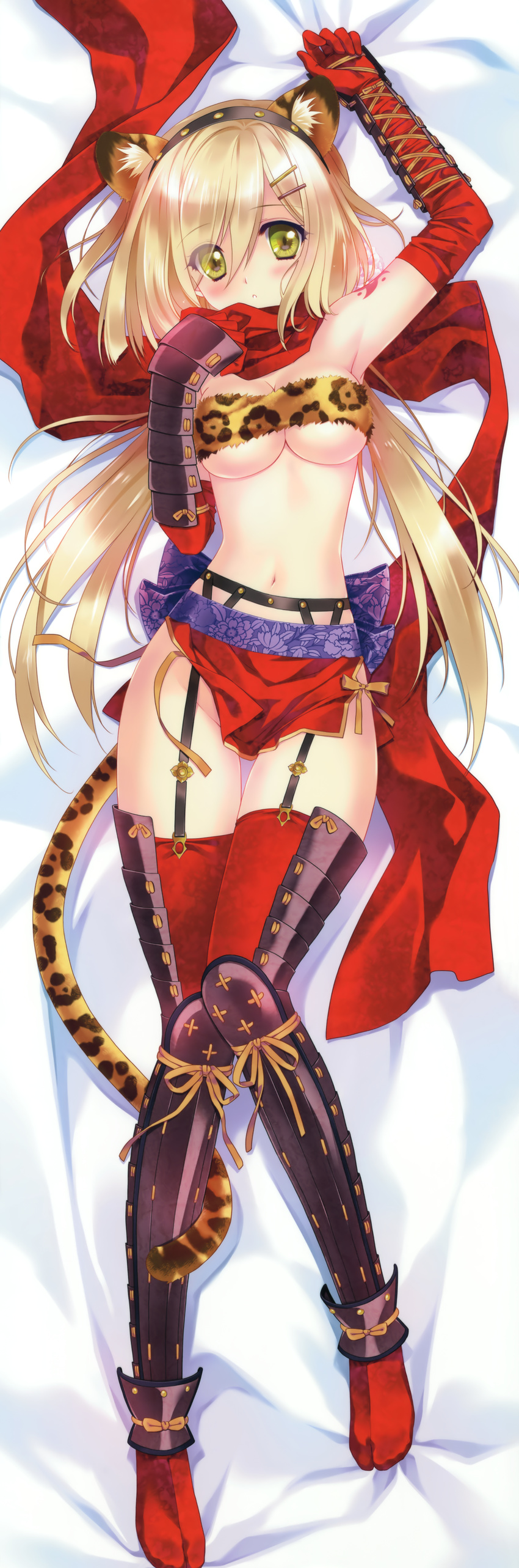 :o absurdres animal_ears animal_print arm_up armor armpits bandeau blonde_hair blush breasts carnelian cleavage dakimakura elbow_gloves full_body fundoshi garter_belt gloves green_eyes hairband highres huge_filesize japanese_armor japanese_clothes kote leopard_ears leopard_print long_hair looking_at_viewer medium_breasts navel ninja no_shoes red_gloves scarf solo suneate tabi tail tattoo thigh_gap thighhighs underboob z/x