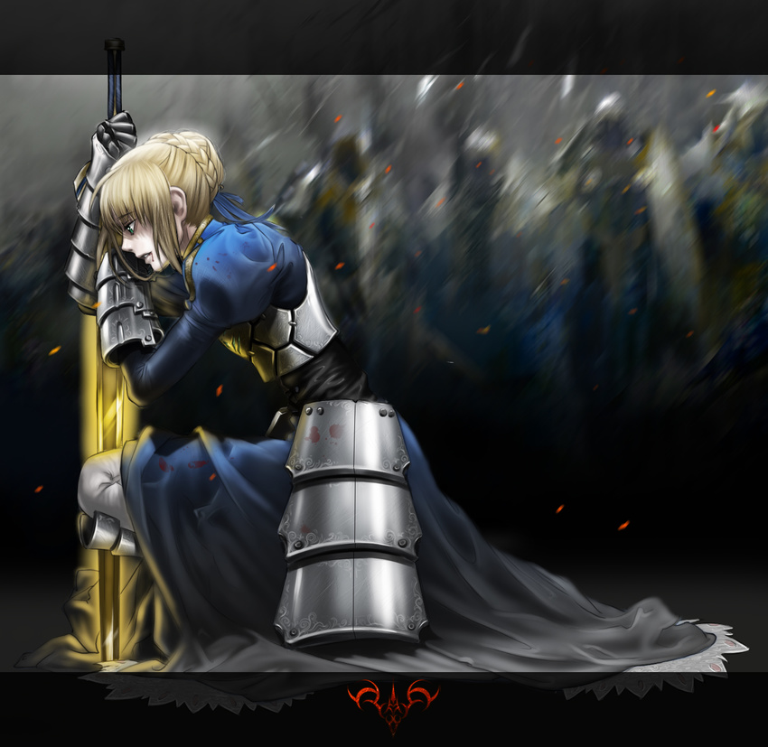 ahoge armor artoria_pendragon_(all) bad_id bad_pixiv_id blonde_hair blood blood_in_mouth bloody_clothes braid dress excalibur fate/stay_night fate/zero fate_(series) from_side gauntlets green_eyes highres monkey_buonarroti one_knee petals planted_sword planted_weapon profile saber solo sword weapon