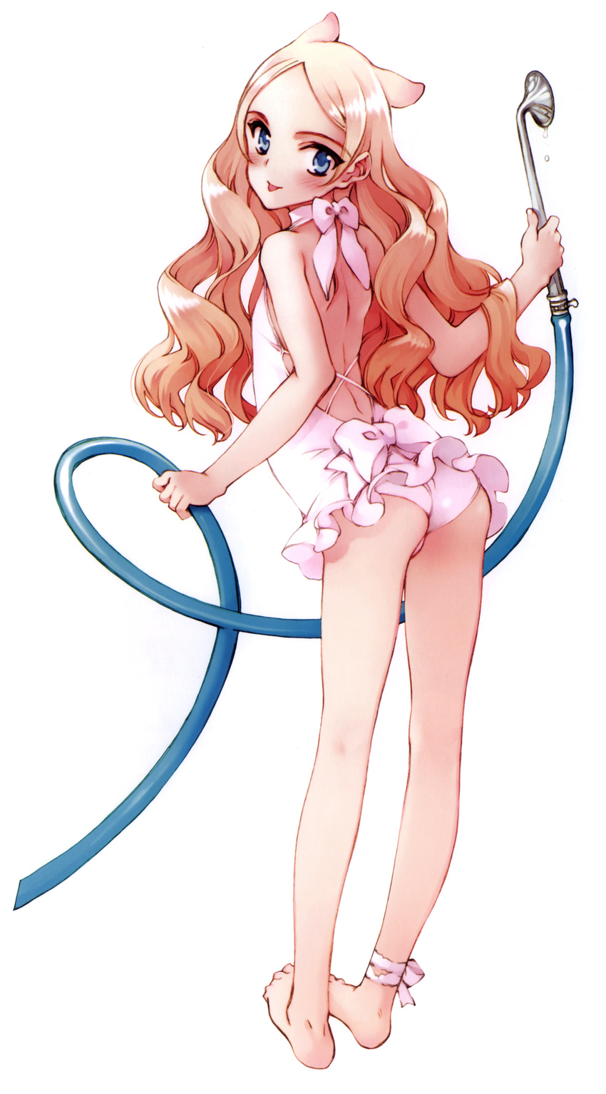 :p absurdres ankle_ribbon ass bangs bare_shoulders barefoot blonde_hair blue_eyes blush casual_one-piece_swimsuit flat_ass flat_chest from_behind full_body halterneck highres hose ingrid_(seiken_no_faeries) long_hair looking_back one-piece_swimsuit ooyari_ashito parted_bangs ribbon scan seiken_no_faeries simple_background solo swimsuit tongue tongue_out white_background white_swimsuit