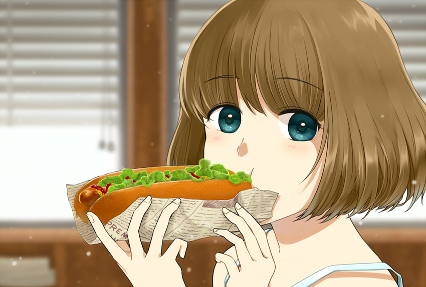bad_id bad_pixiv_id blue_eyes brown_hair close-up eating face food hot_dog looking_at_viewer newspaper original portrait reito6 short_hair solo window