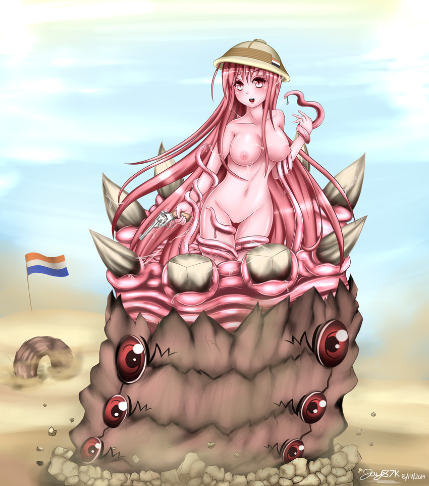 1girl desert highres jay87k long_hair monster_girl monster_girl_encyclopedia pink pink_eyes pink_skin revolver sandworm_(monster_girl_encyclopedia) solo south_africa uncensored