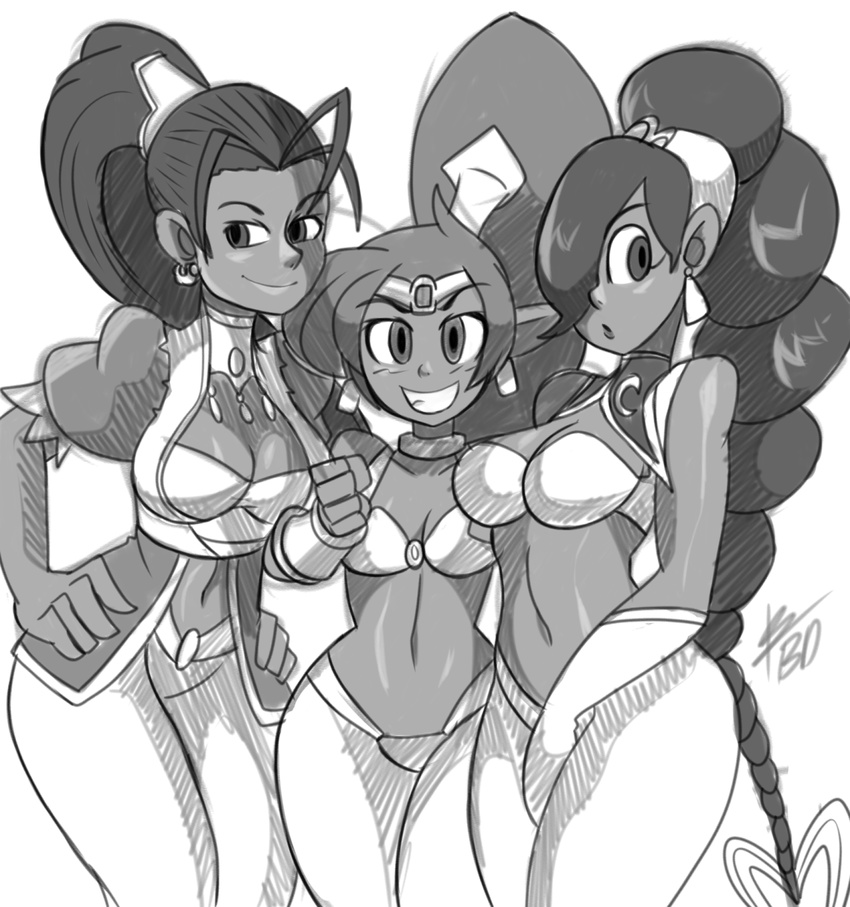 antenna_hair arabian_clothes bad_id bad_tumblr_id baggy_pants bigdead93 braid breasts choker cleavage crossover dark_skin earrings forehead_jewel greyscale grin hair_over_one_eye hands_on_hips harem_pants height_difference highres jewelry long_hair medium_breasts midriff monochrome multiple_crossover multiple_girls navel pants pointy_ears ponytail power_stone pullum_purna rouge_(power_stone) shantae_(character) shantae_(series) single_braid smile street_fighter street_fighter_ex_(series) tiara trait_connection vambraces very_long_hair vest