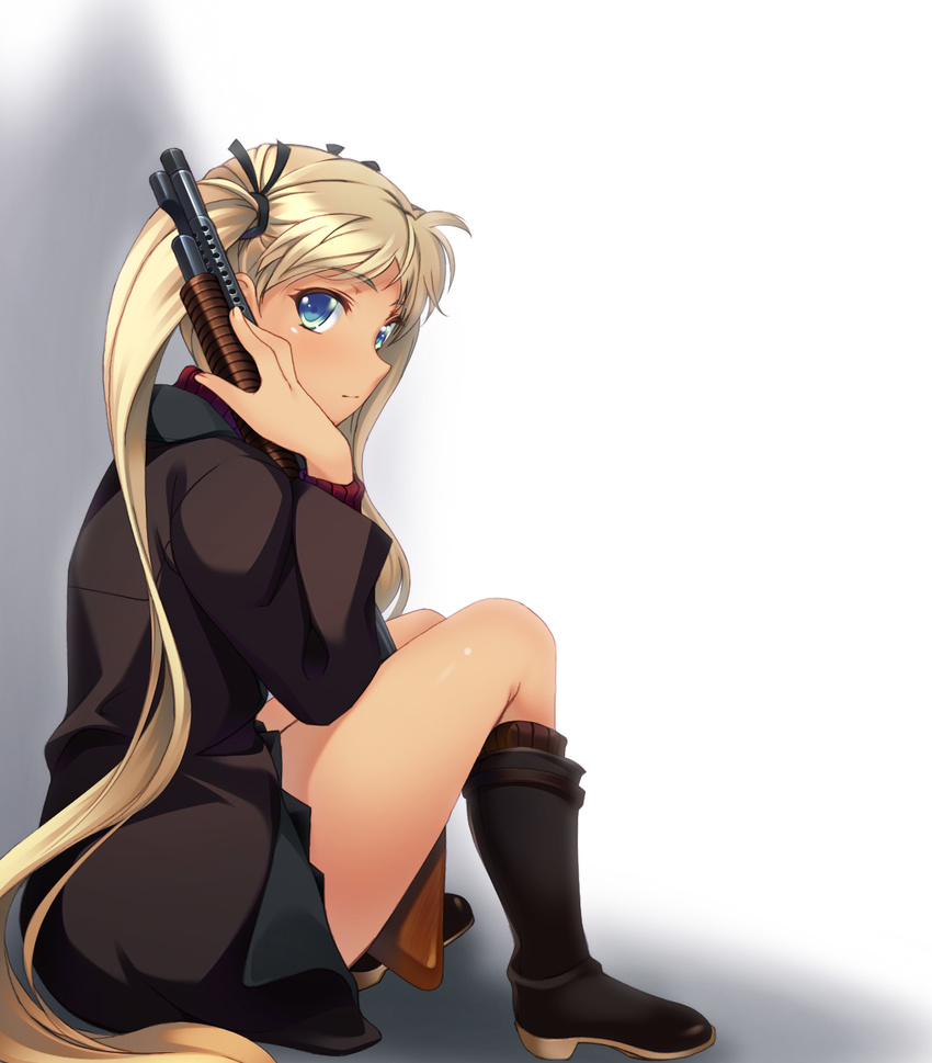 black_footwear blonde_hair blue_eyes boots coat dark_skin gun gunslinger_girl hair_ribbon highres knee_boots kneehighs long_hair ribbon shotgun sitting solo tebukuro triela twintails very_long_hair weapon winchester_model_1897