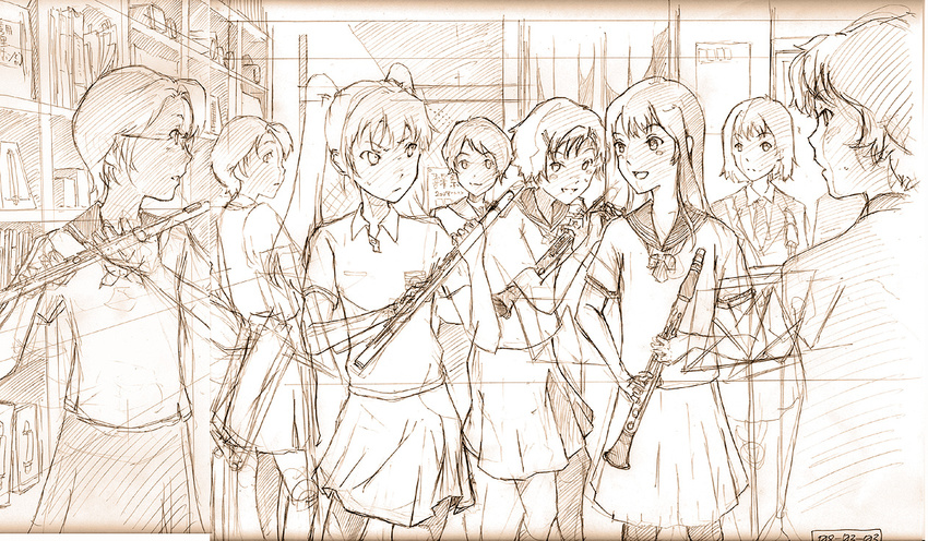 bad_id bad_pixiv_id brown casual clarinet flute graphite_(medium) hatsune_miku instrument long_hair monochrome multiple_girls music_stand school_uniform shiika_sadamasa short_hair sketch traditional_media vocaloid