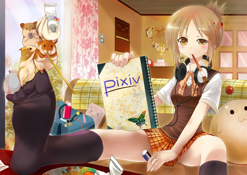 &lt;o&gt;_&lt;o&gt; animal art_brush balancing black_legwear blush brown_eyes brown_hair calendar_(object) couch curtains eraser feet feet_on_table hair_ornament hairclip hamster headphones headphones_around_neck jewelry kneehighs mouth_hold oekaki_musume original paintbrush pixiv plaid plaid_skirt porurin pov_feet ring short_hair sitting sketchbook skirt socks soles solo sweater_vest uneven_eyes