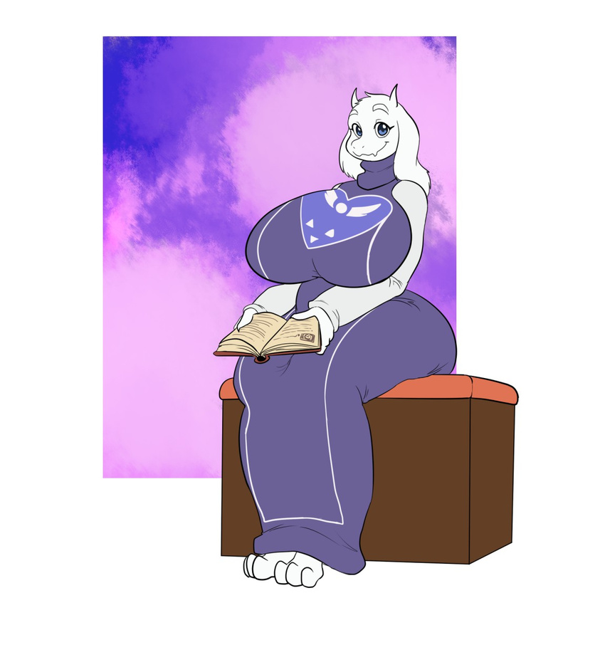 2015 big_breasts big_butt book breasts butt female fur horn kaboozlefa long_ears paws sitting solo toriel undertale white_fur wide_hips