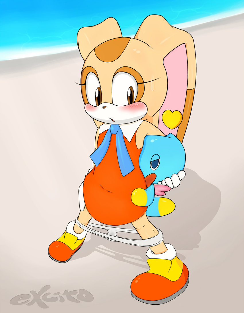 2015 anthro blush bottomless chao cheese_the_chao clothed clothing cream_the_rabbit excito female half-dressed hug implied lagomorph male mammal panties rabbit sonic_(series) sweat underwear